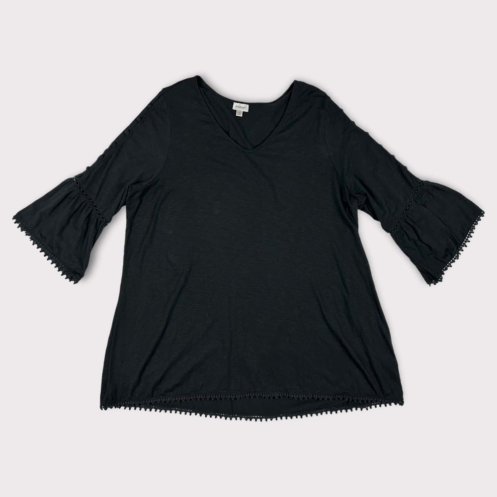 Avenue Blouse Black 18/20 Vneck Lace Hem Bell Sleeve Cutout Cotton Modal